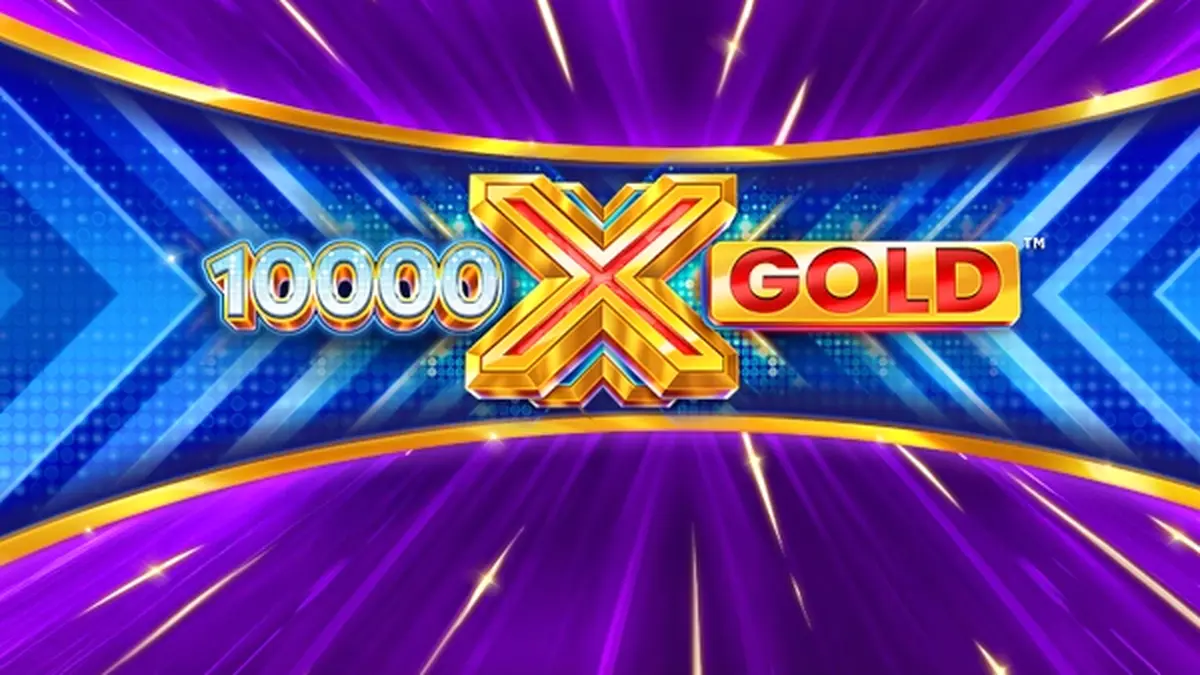 Interface do slot 10,000 X Gold com tema dourado e mecânicas de multiplicadores.
