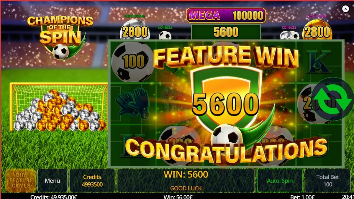 Interface do jogo Champion of The Spin com tema de futebol