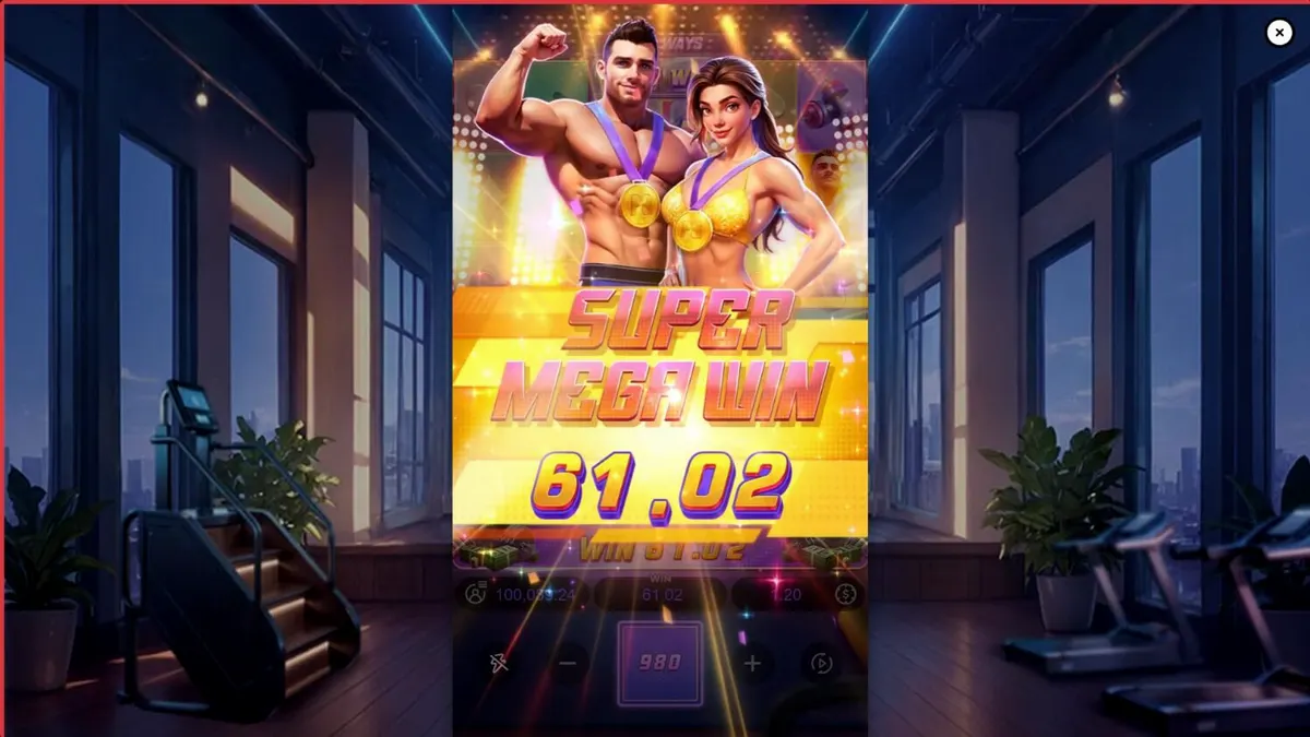 Interface do jogo Mighty Mania com tema de academia e neon
